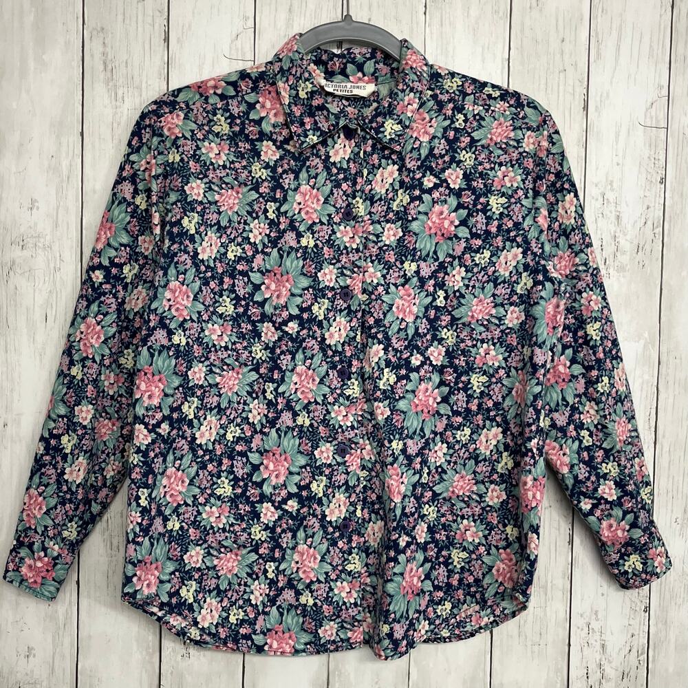 Victoria Jones Floral Long Roll Sleeve Button Down Cottage Tea Vintage Blouse 8P